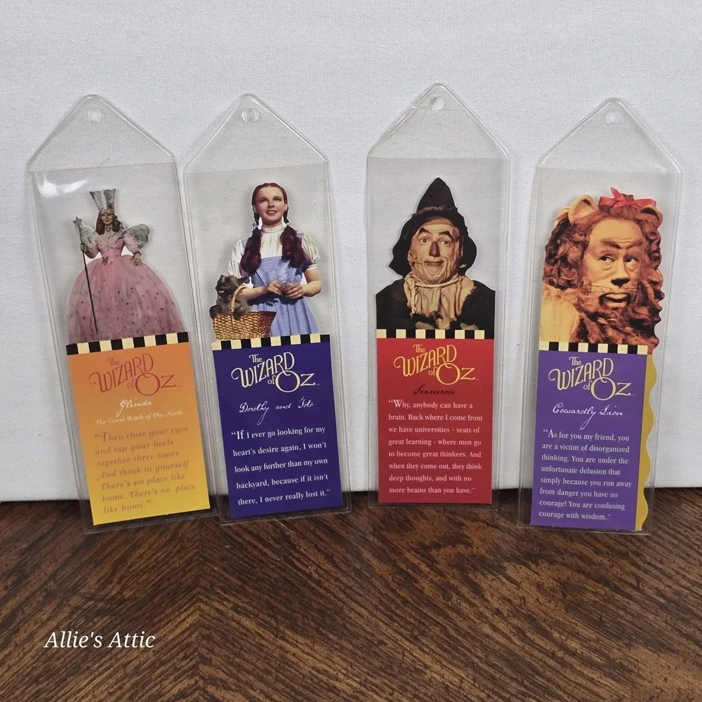 4 Wizard of Oz Bookmark Set Dorothy Scarecrow Lion Glinda Diecut Vintage 1999